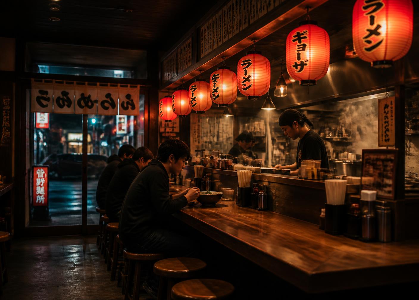 The Kami Ramen kitchen counter during service